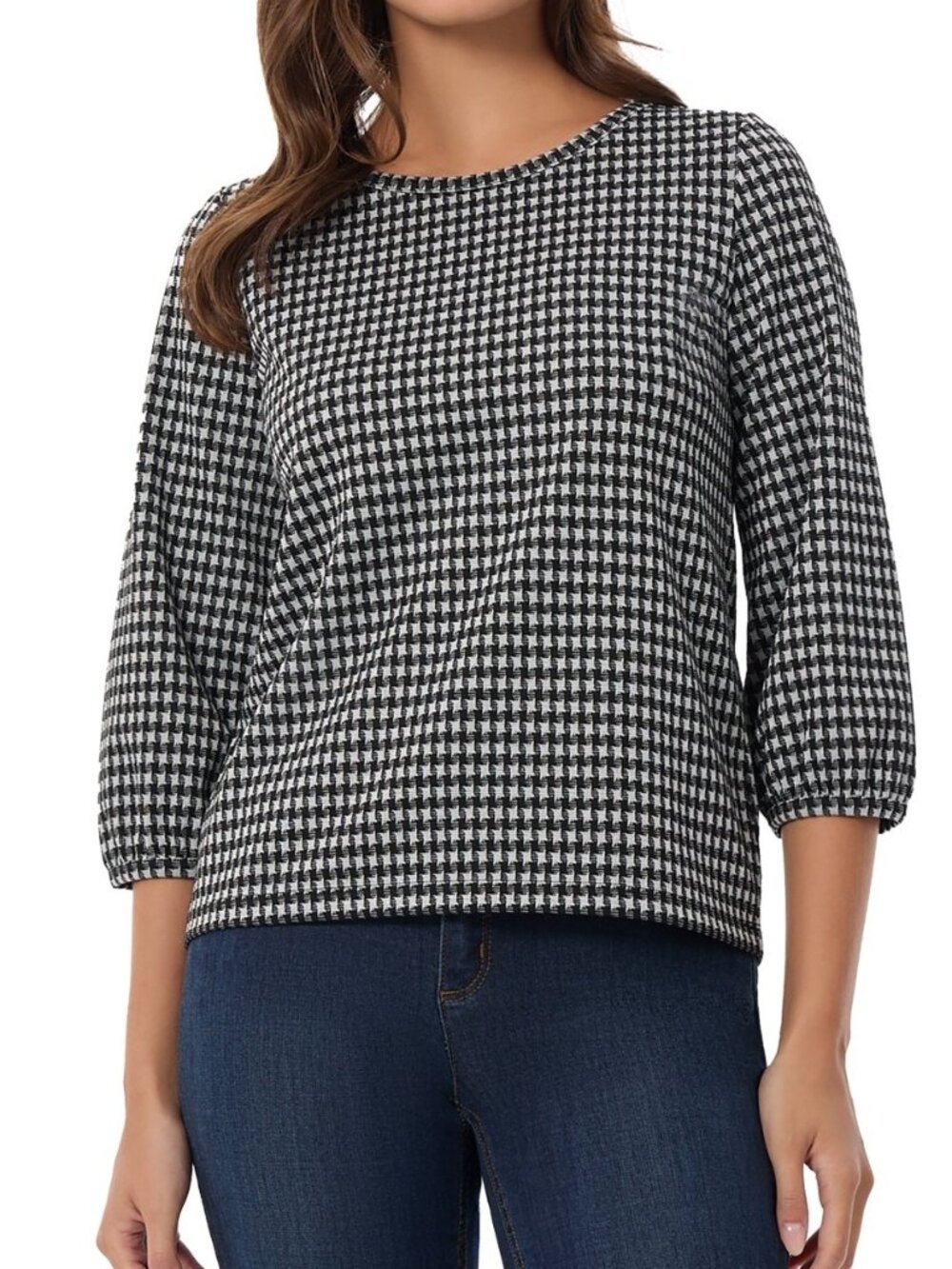Jones New York Women's Size S Houndstooth 3/4 Puff Sleeve Black White Top NEW